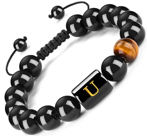 FRG Initials Bracelets for Men Letter Link Handmade Natural Black Onyx Tiger Eye Stone Beads Braided Rope Meaningful Bracelet - style: Braided rope-U