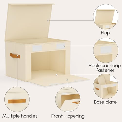 Large Storage Bins with Lids - Front Opening Fabric Storage Bins, Flap Closet Organizer with Handles, Collapsible Boxes with Lid, Decorative Basket for Home, Dorm, 2 Pack, Beige