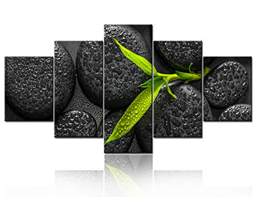 Wall Art Decor Spa Composition of Green Branch Bamboo on Zen Basalt Stones with Dew Pictures - 5 Pcs Black Canvas Painting Prints Giclee Art for Home Office, Kitchen Framed Ready to Hang - 60"W x 32"H - color: Artwork-19, size: 60"W x 32"H