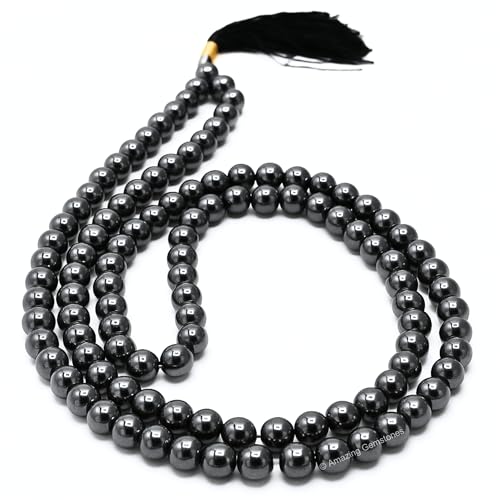 Amazing Gemstone Japa Mala 108 Prayer Beads Necklace and Wrist Mala Bracelet for Meditation - color: Hematite, size: Without Knots