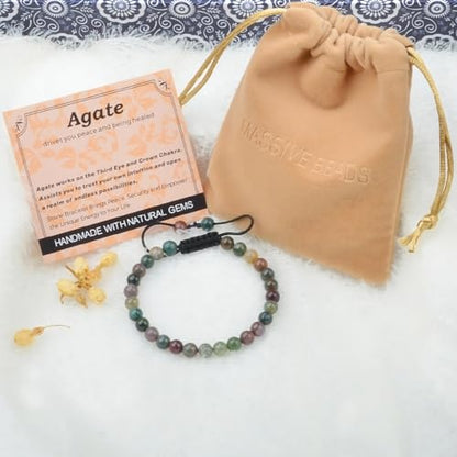MASSIVE BEADS Handmade Yoga Natural Stone Crystal Healing Power Energy Gifts for Unisex Adult Bracelet Macrame Adjustable - color: Indian Agate(Peaceful), size: 6mm