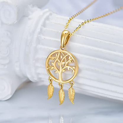 14K Gold Dream Catcher Necklace for Women, Dainty Tree of Life Necklace Birthday Gifts for Girlfriend Wife Mom Her 16+1+1 inch - color: Dream Catcher