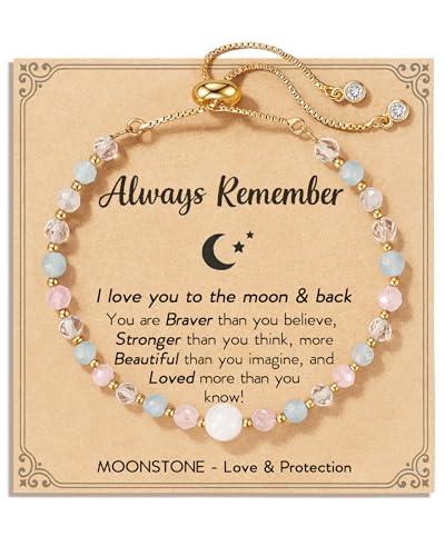 HGDEER Moonstone Trendy Bracelet Gift for Girls Teenagers - Birthday Christmas Gift- 100% Natural Stone Adjustable Bracelet with Inspirational Card & Gift Pouch - style: Always Remember
