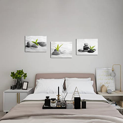 Biuteawal 3 Piece Zen Canvas Wall Art for Bathroom Decor Zen Stone with Green Plant Picture Print Peaceful Still Life Artwork Painting Modern Home Bedroom Meditation Room Spa Room Decoration