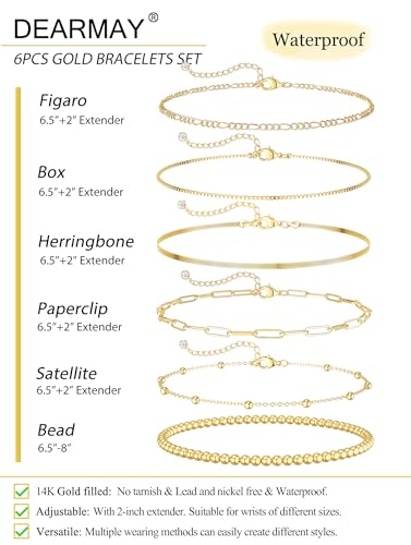 DEARMAY Gold Bracelets for Women Waterproof, 14K Gold Plated Stackable Jewelry Sets Non Tarnish Trendy Thin Dainty Cuban Link Paperclip Chain Bracelet Stack Fashion Accessories Gifts for Womens - style: 5Pcs BRACELET F