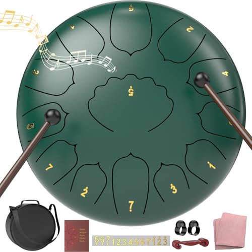 D Major Steel Tongue Drum Handpan, 12 Inch 13 Note Large Rain Drum for Outside Garden, Meditation Rain Chime, Musical Percussion Instrument for Adult Gift with Bag, Music Book, Drum Mallets (Green) - color: Green, size: 12 Inches