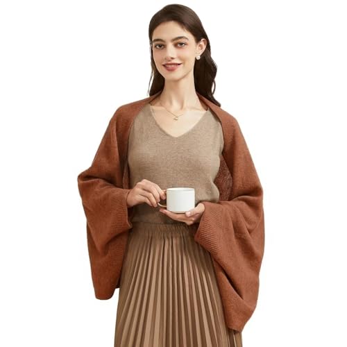 BRYCTSISEN Women's Lightweight Wool Shawl Wrap Scarf with Sleeves Outer Warm Knitted Open Front Poncho Cape Fall Winter - color: Caramel