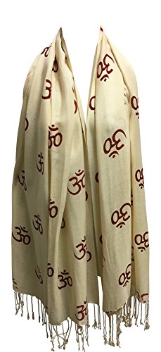 Indian Ethnic Yoga Red Om Block Print Long Scarf Prayer Shawl Stole SHANTI - color: Cream