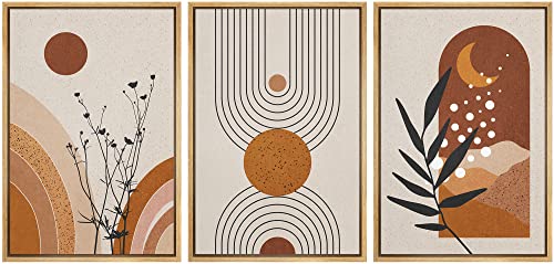 wall26 Framed Canvas Print Wall Art Set Boho Mid-Century Geometric Forest Plant Planets Nature Abstract Illustrations Modern Bohemian Decorative for Living Room, Bedroom, Office - 16"x24"x3 Natural - color: A46-2204-yui09, size: 16" x 24" x 3 Panels NATUR