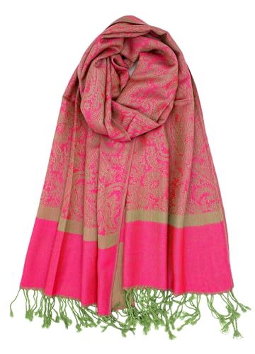 Achillea Two-Tone Vintage Paisley Pashmina Scarf – Lightweight Wrap & Shawl for Dresses, Weddings, Travel, All Seasons - color: Fuchsia Green