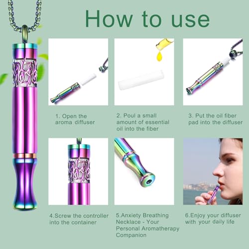 Anxiety Relief Pendant Mindfulness Breathing Necklace - Essential Oil Diffuser & Personal Inhaler Aromatherapy Necklaces for Women & Men (Rainbow) - color: Rainbow
