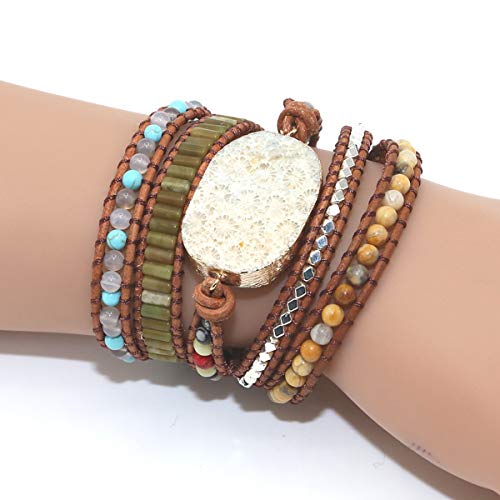 Boho Wrap Bracelet for Women, Handmade Natural Imperial Jasper Multi-Layer Stone Beaded Bracelet, Bohemian Healing Crystal Stone Jewelry Gifts - color: Agalmatolite