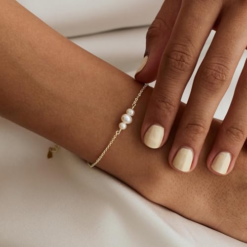 SLOONG Gold Pearl Bracelets for Women Trendy, 14K Gold Plated Dainty Stackable Layered Chain Bridesmaid Bracelets, Waterproof Wedding Jewelry for Women Adjustable 6"+2" - color: Style4(Pearl)