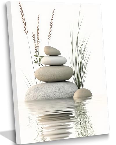 KBIERQN Zen Stone Canvas Wall Art Stacked Stones in Water Poster Print Tranquil Wild Grass Painting Picture for Spa Yoga Meditation Room Bathroom Wall Decor 16x24in Framed Ready to Hang - color: Canvas Zen, size: 24"L x 16"W