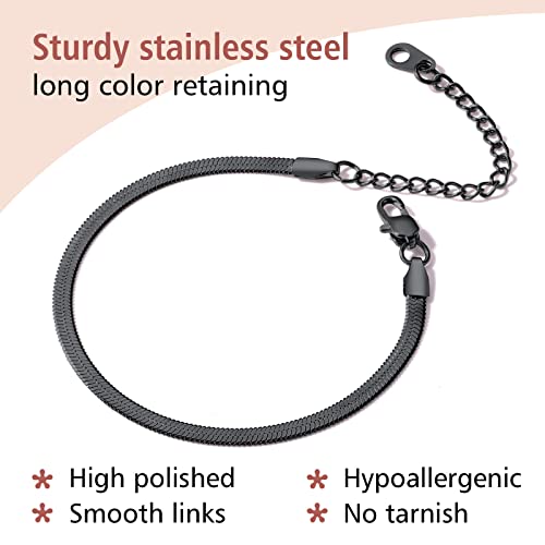 FindChic Elegant Herringbone Snake Chain Anklets/Bracelets 3MM/5MM Width Stainless Steel/18K Gold/Rose Gold Plated/Black 4 Color Options, 8.3'' 8.5'' 10.5'' Length, with Gift Box - color: B: 3mm 6.3'' bracelet (Black)