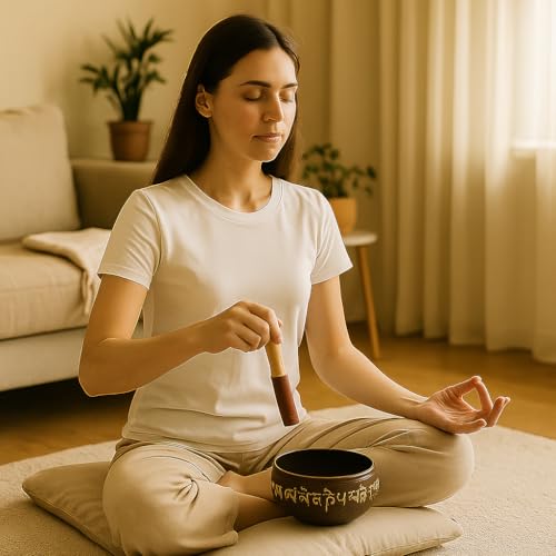 Store Indya Hand Painted 7 Inch Tibetan Metal Singing Bowl, Chakra Healing, Yoga & Meditation Sound Bowl for Stress Relief with Wooden Stick Mallet | Original Tibetan Singing Bowl - color: BROWN