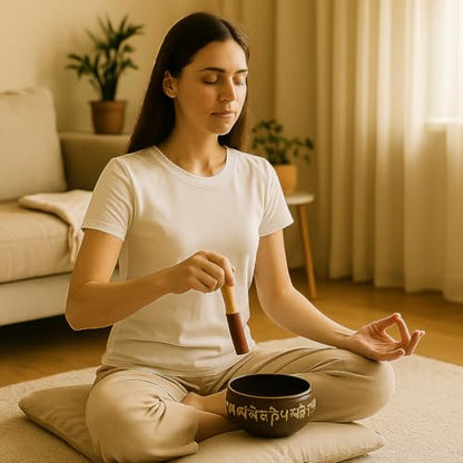 Store Indya Hand Painted 7 Inch Tibetan Metal Singing Bowl, Chakra Healing, Yoga & Meditation Sound Bowl for Stress Relief with Wooden Stick Mallet | Original Tibetan Singing Bowl - color: BROWN
