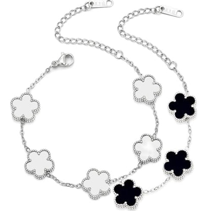 FLY FEI 18K Gold-Plated Four Leaf Clover Bracelet for Women,Adjustable lucky Bracelet Set Jewelry Gift-Hypoallergenic Charm for Birthdays, Wellness & Daily Wear - color: style03-Black+White(silvery2pcs)