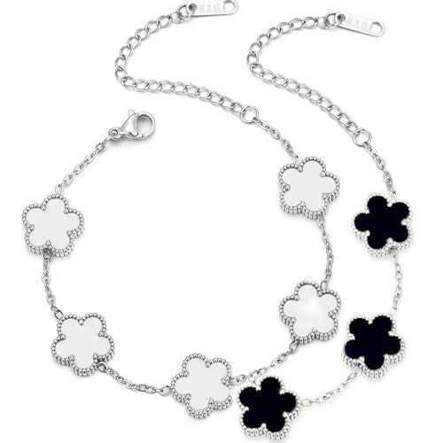 FLY FEI 18K Gold-Plated Four Leaf Clover Bracelet for Women,Adjustable lucky Bracelet Set Jewelry Gift-Hypoallergenic Charm for Birthdays, Wellness & Daily Wear - color: style03-Black+White(silvery2pcs)