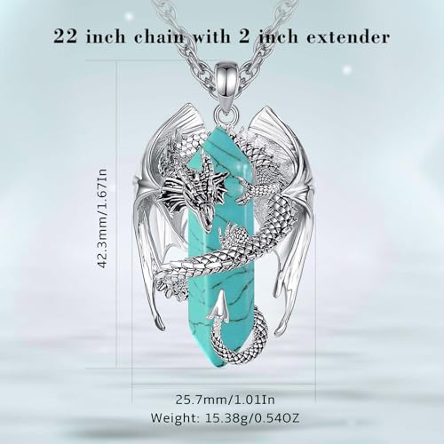 INFUSEU Unique Dragon Necklaces with Healing Crystal Stone for Men Women, Personalized Spiritual Gifts, 24 Inch Chain - color: Turquoise
