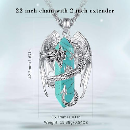 INFUSEU Unique Dragon Necklaces with Healing Crystal Stone for Men Women, Personalized Spiritual Gifts, 24 Inch Chain - color: Turquoise