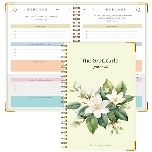 The Gratitude Journal for Women Men, 5 Minute Daily Gratitude Journal Spiral with Prompts & Quotes for Self Care, Happiness, Affirmation and Mindfulness, Hardcover, 5.9"x8.6" - color: Yellow Greem
