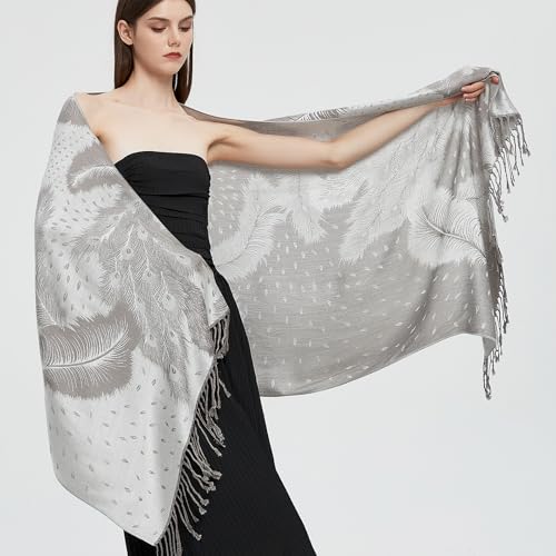 Pashmina Shawl Wrap with Ethnic Paisley Two Tone Jacquard Scarf for Women - color: Feather-grey