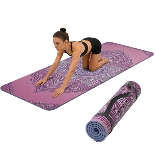 Printed Yoga Mat 72" x 24" Thick 6mm Non-Slip Fitness Exercise Exercise Mat with Strap for Women Men Yoga Pilates Workout Gym Floor Workout (Blue Lotus Flower) - color: Pink Vines & Purple Flowers