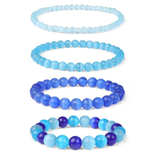 4pcs Beaded Bracelets for Women,Natural Healing Crystal Gemstones Bracelet,Anxiety Stress Relief Bracelet Handmade purple Jewelry Gifts for Women - color: Light blue cat eyes&Blue cat eyes&Dark blue cat eyes