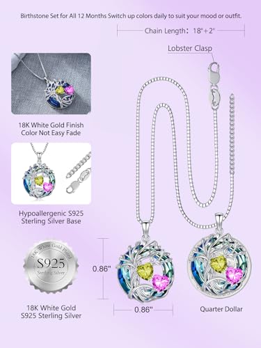 TOUPOP s925 Sterling Silver Family Celtic Tree of Life Pendant Necklaces with 2 Heart Birthstone with Blue Austrian Crystal Jewelry Birthday Valentines Day Gifts for Her, Anniversary Christmas Gifts for Wife Girlfriend Mom (18K Real White Gold Filled) - c