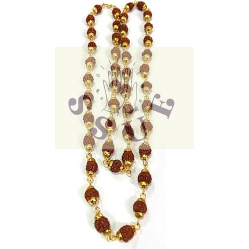 SSUE Nature 5 Mukhi Rudraksha 6mm 45 Beads Mala with Golden Cup Fancy Holy Jewellery Symbol of Spirituality Religion Reiki for Peace, Balance,Meditation Every Wear Unisex Accessory Gift