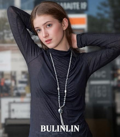 BULINLIN Boho Beaded Long Necklaces for Women Chunky Bead Pendant Necklace with Crystal Tassel Costume Jewelry Gifts for Her - color: Silver