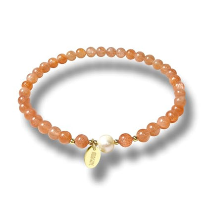 4mm Natural Gemstone Beads Stretch Bracelet for Women, With Freshwater Pearls, Energy Gem Birthday Gift for Her 7.2” - color: Sunstone