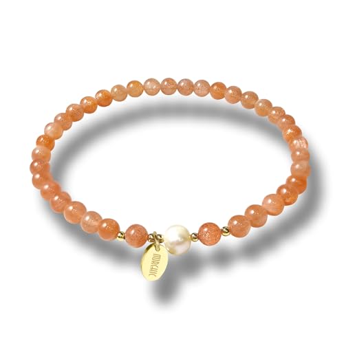 4mm Natural Gemstone Beads Stretch Bracelet for Women, With Freshwater Pearls, Energy Gem Birthday Gift for Her 7.2” - color: Sunstone
