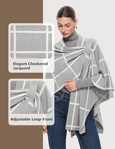 PULI Womens Elegant Cross Front Shawl Wraps Knitted Ponchos Cape Light Weight Poncho Sweater Soft Warm Travel Wraps - color: Classic Check-light Heather Gray and Ivory White