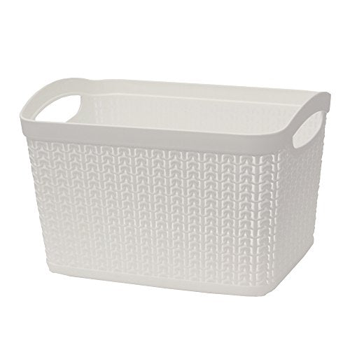 JVL Knit Design Loop Plastic Rectangular Small Storage Basket with Handles, White, 20 x 26 x 17 cm, 6.6 litres - color: White