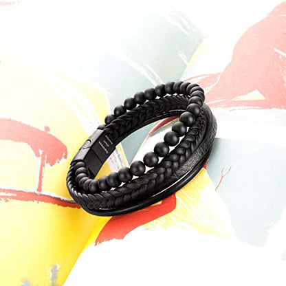 Mens Bead Leather Bracelet, Natural Bead, Steel and Leather Bracelet for Men Christmas Gift Idea