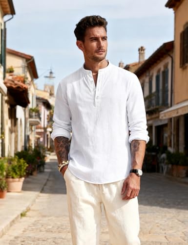 Men's Linen Shirts Henley T-Shirts Long Sleeve Casual Beach T-Shirts Solid Tops Shirts for Men - color: White, size: Large