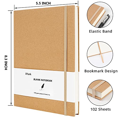Blank A5 Karft Notebook Journals Bulk, Plain Hardcover Subject Sketchbook Composition Notebooks Planner with Unlined Paper, 2 Pack, 120GSM, 102 Sheets, 5.5x8.3 inch, Travel Journal Set - style: Unlined