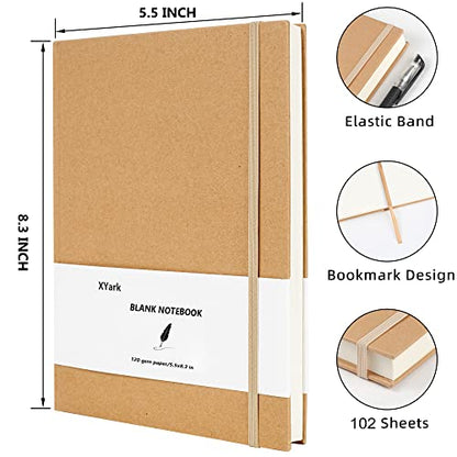Blank A5 Karft Notebook Journals Bulk, Plain Hardcover Subject Sketchbook Composition Notebooks Planner with Unlined Paper, 2 Pack, 120GSM, 102 Sheets, 5.5x8.3 inch, Travel Journal Set - style: Unlined