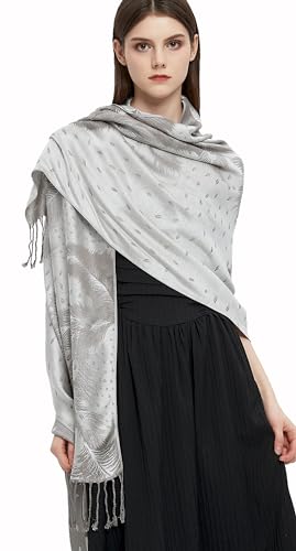 Pashmina Shawl Wrap with Ethnic Paisley Two Tone Jacquard Scarf for Women - color: Feather-grey
