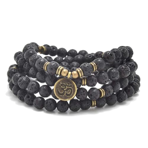 108 Natural Stone Mala Beads Yoga Jewelry Meditation Bracelet Necklace with om Charm - style: Lava