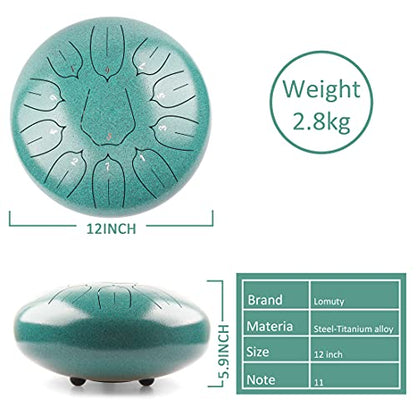 Steel Tongue Drum 12 Inch 11 Notes for Adults - Ethereal Metal Instrument for Meditation & Yoga with Music Book, Mallets & Carry Bag (Malachite) - color: Malachite