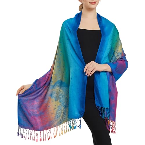 Rave Pashmina Scarf, Fashion Colorful Shawls and Wraps Soft Festival Scarves - color: B-royal Blue (Feather Pattern)