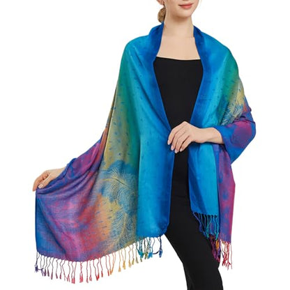 Rave Pashmina Scarf, Fashion Colorful Shawls and Wraps Soft Festival Scarves - color: B-royal Blue (Feather Pattern)
