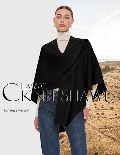 PULI Womens Large Cross Front Poncho Sweater Wrap Topper Knitted Elegant Shawls Cape for Fall Winter - color: Extra Warm Black