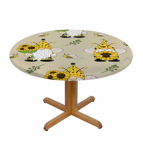 Gnomes Round Table Cloth Bees Sunflowers Cute Elastic Edged Table Cover Fade and Stain Resistant Table Cloths Easy to Clean Fits Tables 40-44" Diameter - color: Gnomes