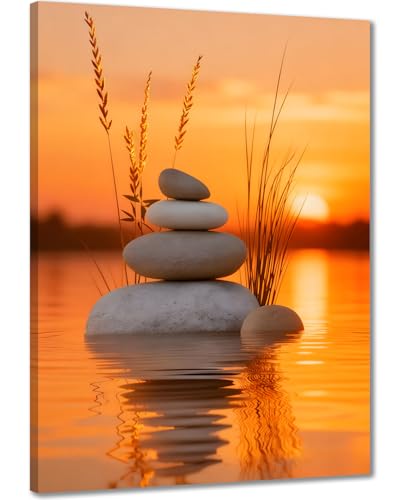 Zen Stone Canvas Wall Art, Sunset Lake Meditation Canvas Painting, Stacked Balance Stones Nature Landscape Artwork, Spa Relaxing Wall Decor for Bathroom Bedroom Living Room, Ready to Hang 12x16 16x24 - color: shitou, size: 16"L x 12"W