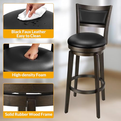 PrimeZone Swivel Bar Stools Set of 2, 34 Inch Extra Tall Bar Height Barstools, Black Faux Leather Bar Stool with High Backrest, Solid Wood Leg, Wrap-Around Footrest, Counter Stools for Pub - size: 34" Extra-tall Bar Height