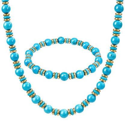 Gemstone Beaded Necklace for Women, Trendy 18K Gold Plated Hematite Natural Stone Bead Choker, Boho Handmade Summer Beach Necklaces for Women Everyday Western Jewelry Gifts - color: 01-blue
